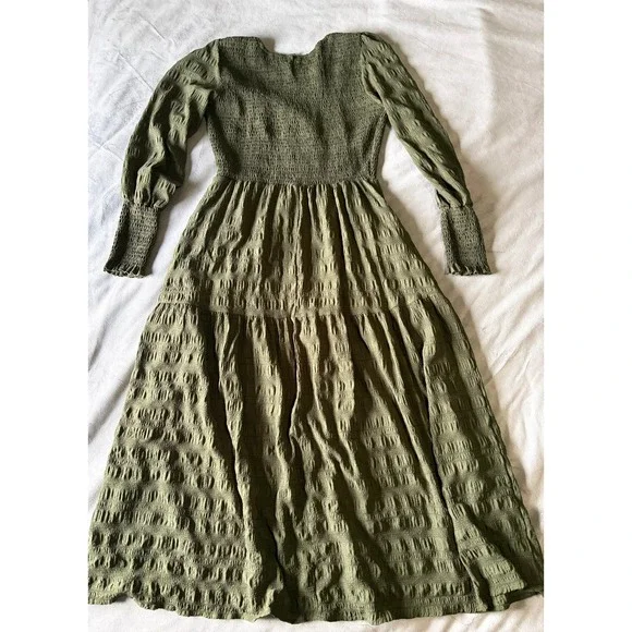 Fashion Olive Green Smocked Long Sleeve Tiered Midi Dress XL Cottagecore - Picture 2 of 3